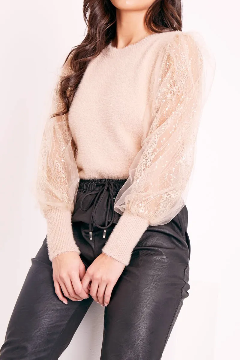 Beige Sequin Mesh Sleeve Fluffy Yarn Jumper - Olisa