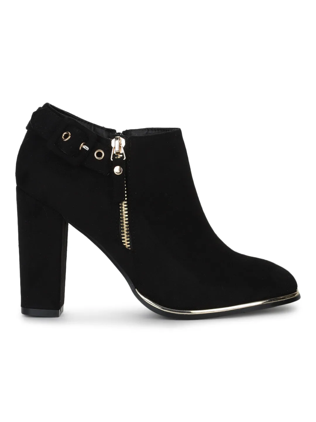 Black Mircro Zipper with Buckle Block Heel Ankle Boots