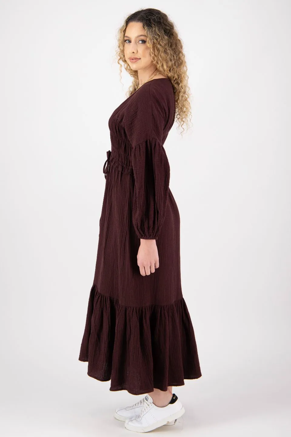 Chelsea Raisin Cotton Blouson LS Midi Dress