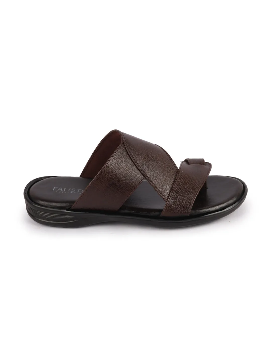 Men Brown Daily Indoor Outdoor Multi Strap Toe Ring Slip On Slipper