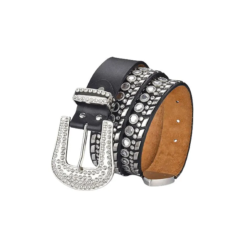 Western Cowboy Black Strap With Crystal Studded Rhinestone Belt